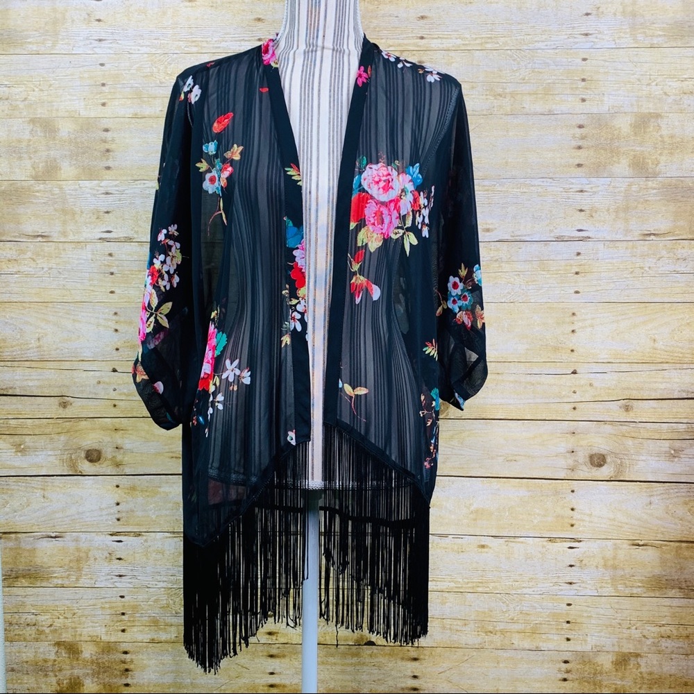 Xhilaration Kimono Sheer Black Floral Fringe XS - Picture 1 of 5